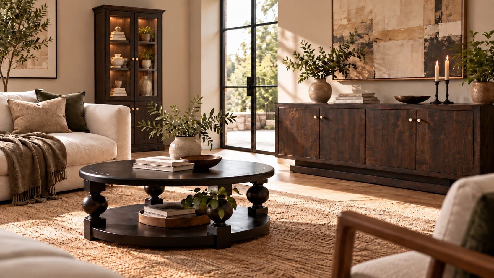 Paris round coffee table, Vermont glass showcase and Cesar sideboard in a sunlit living room — Cristo Rey Furniture