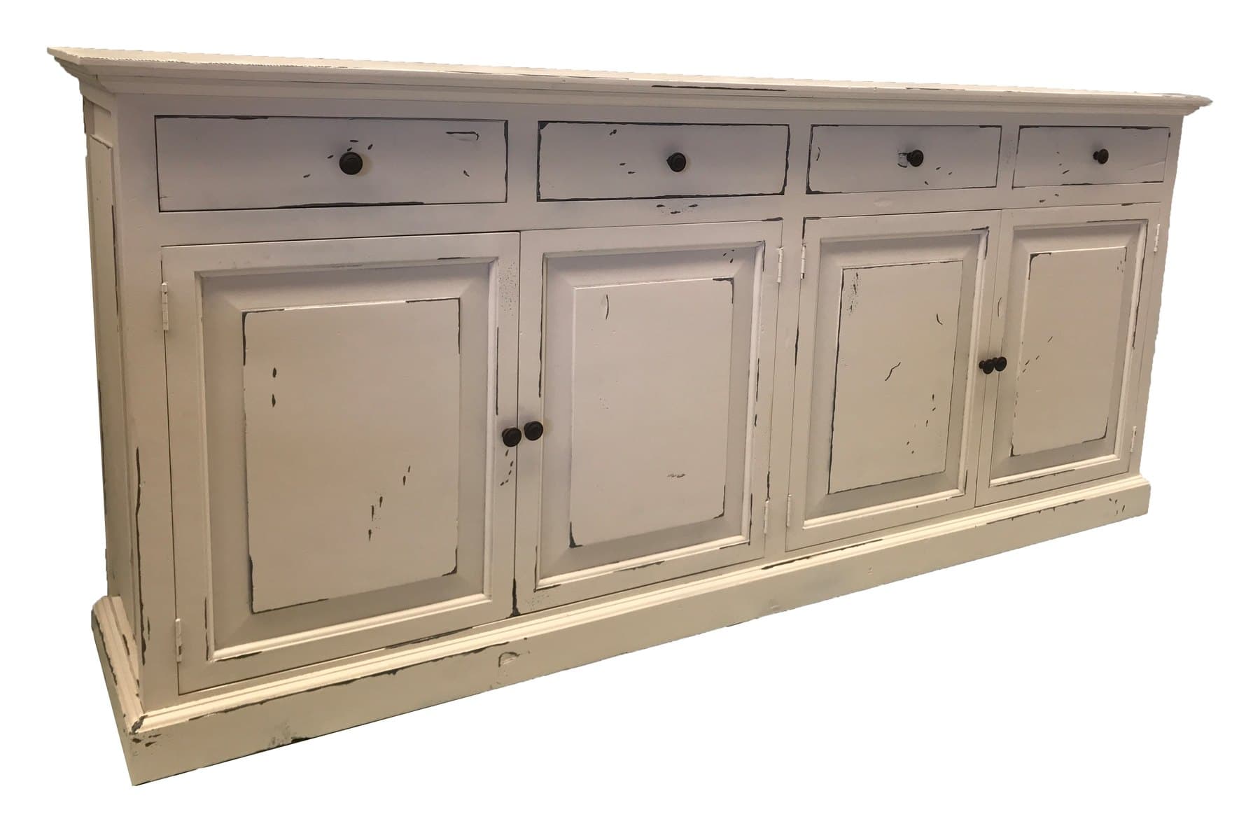 Old Barn Doors & Drawers buffet, 91" 4 Doors W/Drawers, photographed on white