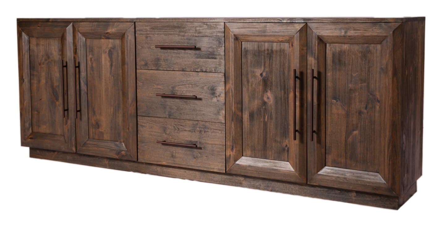 Livorno Wood Doors & Drawers TV console, 92" 4 Doors W/ Drawers · Dark Walnut Natural, photographed on white